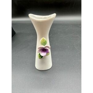 Vintage MCM Japan Porcelain Bud Vase White Applied Purple Pansy Flower Gold Trim